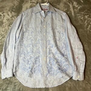 Robert Graham Men's Light Blue Embroidered linen blend Button Down Shirt Medium